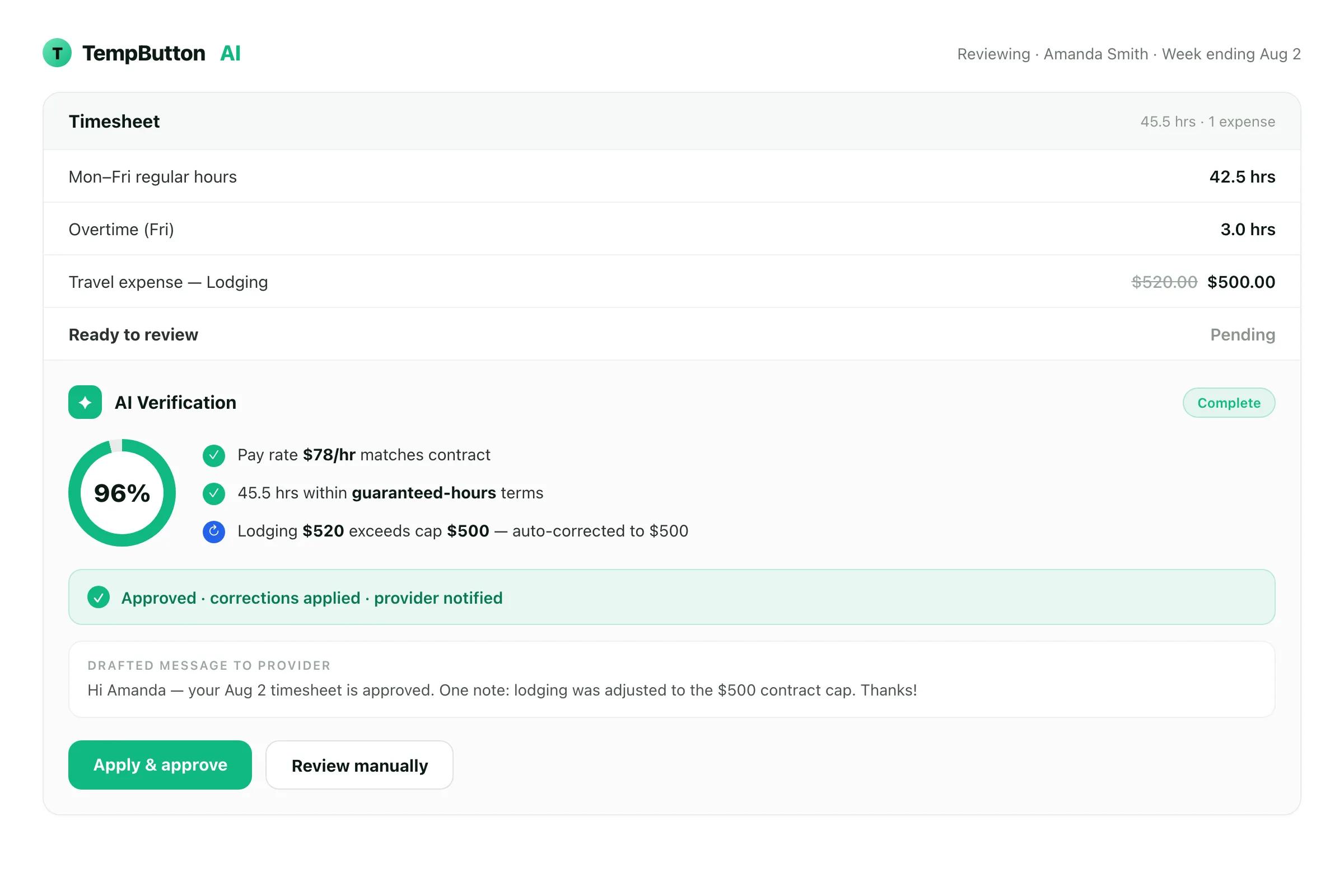 TempButton AI verifying a timesheet — matched to contract and approved